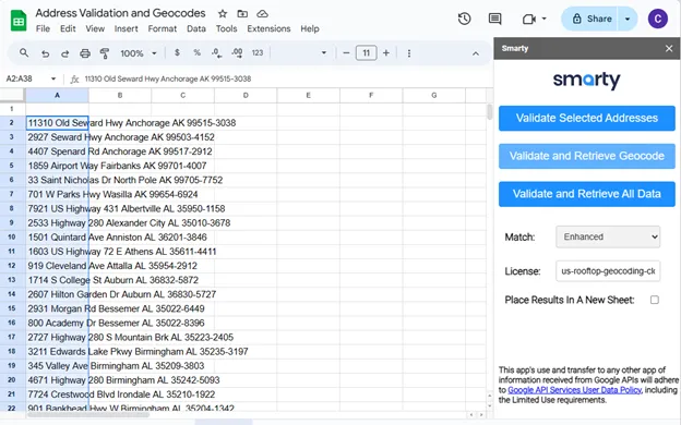 Google Sheets geocoding with the Smarty extension
