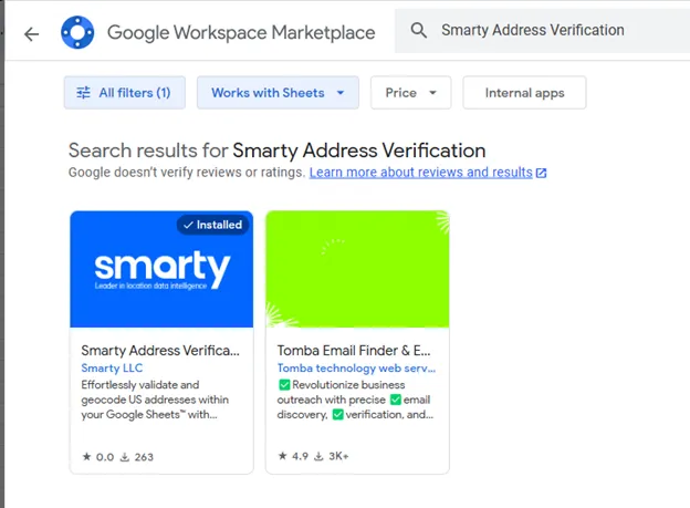 Google Workspace Marketplace screenshot of Smarty's address verification and geocoding plugin.