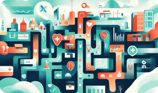 An image map visualizing the complex flow of medical information as it passes through interweaving data systems.