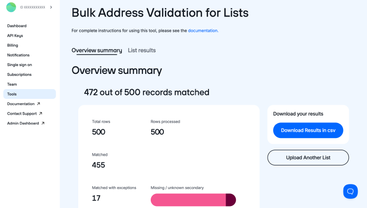 Bulk Address Validation summary showing 472 of 500 records matched with chart of exceptions.