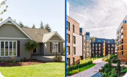 split image with single family home on left and apartment complex on right